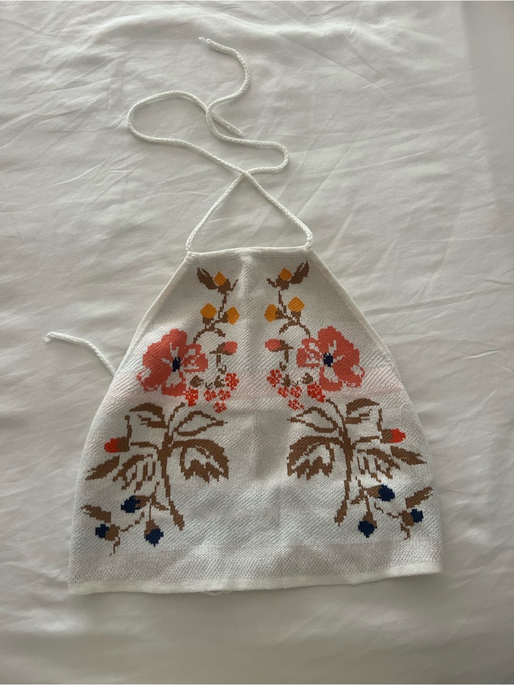 Reversible White Knit Floral Halter Crop Top